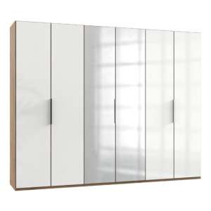 Lloyd Tall Mirror Wardrobe In Gloss White And Planked Oak 6 Door