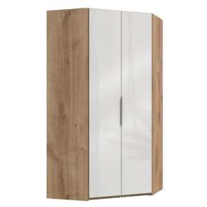 Lloyd Tall Wooden Corner Wardrobe In Gloss White And Planked Oak