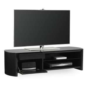 Flore Medium Wooden TV Cabinet In Black Oak With Black Glass