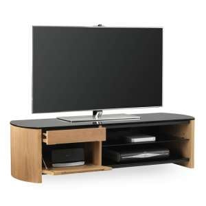 Flore Medium Wooden TV Cabinet In Light Oak With Black Glass
