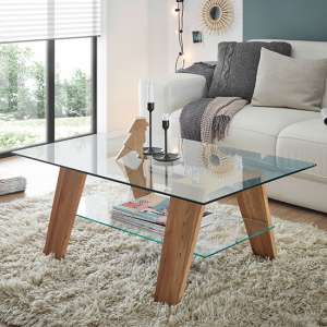 Lublin Clear Glass Coffee Table With Oak Wooden Legs