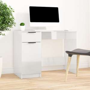 Lucos High Gloss Laptop Desk With 1 Door 1 Drawer In White