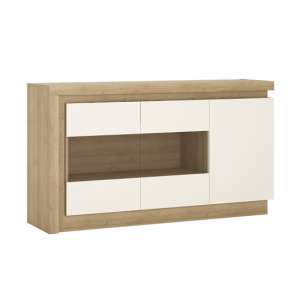 Lyco LED 3 Door Glazed Sideboard In Riviera Oak And White Gloss