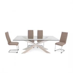 Lyon Glass Dining Table In Clear With 6 Vegas Taupe Chairs