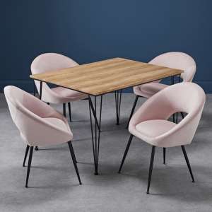 Lyza Medium Oak Wooden Dining Table With 4 Lacee Pink Chairs