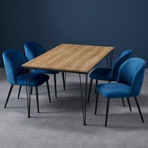 Lyza Medium Oak Wooden Dining Table With 4 Zazie Blue Chairs