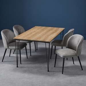 Lyza Medium Oak Wooden Dining Table With 4 Zazie Grey Chairs