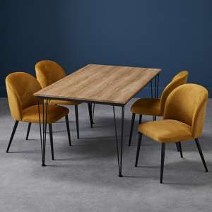 Lyza Medium Oak Wooden Dining Table With 4 Zazie Mustard Chairs