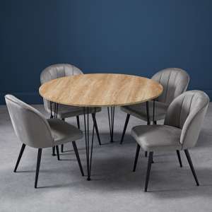 Lyza Round Oak Wooden Dining Table With 4 Opie Grey Chairs