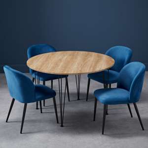 Lyza Round Oak Wooden Dining Table With 4 Zazie Blue Chairs