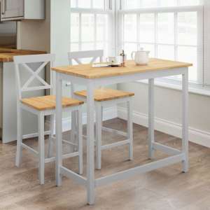 Macall Wooden Bar Table In Elephant Grey With 2 Bar Stools