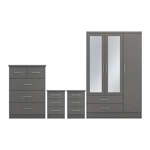 Mack Bedroom Set With 3 Doors Wardrobe In 3D Effect Grey