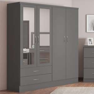 Mack Mirrored Wardrobe With 4 Doors 2 Drawers In 3D Effect Grey