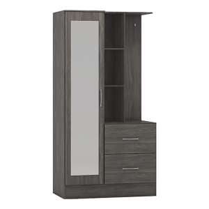 Mack Mirrored Wardrobe With Open Shelf In Black Wooden Grain