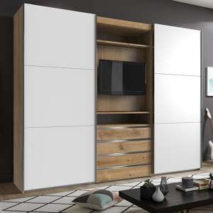 Magic Sliding Door Wide Wardrobe In Planked Oak With TV Shelf
