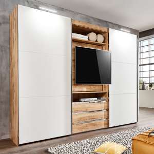 Magic Wooden Sliding Door Wardrobe In Planked Oak With TV Shelf