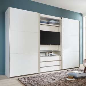 Magic Wooden Sliding Door Wardrobe In White With TV Shelf