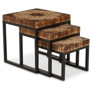 Malign Natural Wooden Nest Of 3 Tables With Black Metal Frame