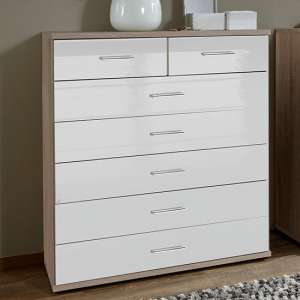 Malta Chest Of Drawers In High Gloss White And Oak With 7 Drawer