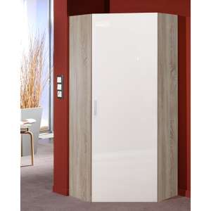 Malta Corner Wooden Wardrobe In High Gloss White And Oak