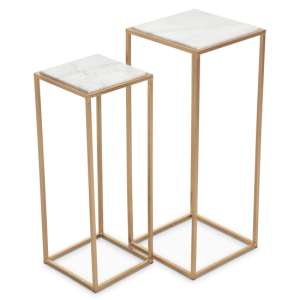 Mania Square White Marble Top Nest Of 2 Tables With Gold Frame