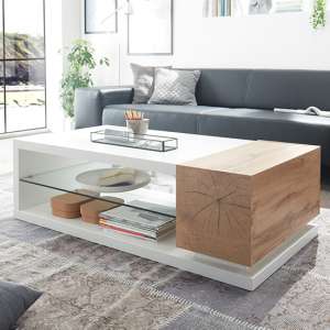 Manisa Wooden Coffee Table In Matt White With Clear Glass Shelf