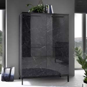Manvos Wooden Highboard In Black High Gloss Marble Effect