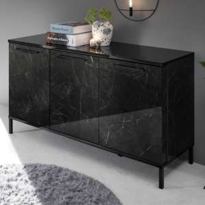 Manvos Wooden Sideboard In Black High Gloss Marble Effect