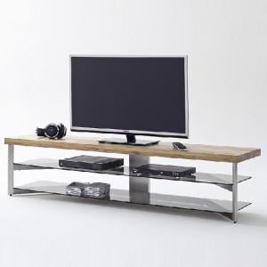 Marcos Large TV Stand In Solid Oak Top And Grey Glass