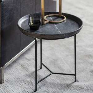 Marviko Round Grey Marble Side Table With Metal Frame In Black