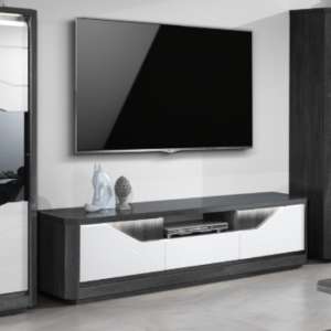 Mattis Wooden TV Stand In Gloss Grey Oak And White With LED