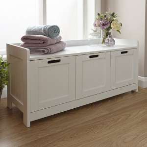 Catford Wooden Storage Bench In White With 3 Doors