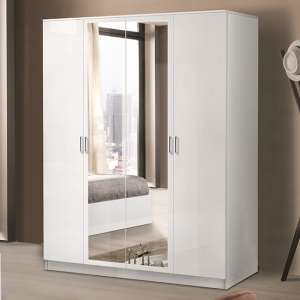 Mayon Mirrored Wooden 4 Doors Wardrobe In White High Gloss