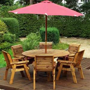 Mecot Round 6 Seater Dining Set With Parasol In Burgundy
