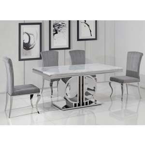 Medford White Marble Dining Table With 4 Liyam Grey Chairs