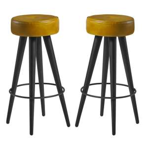 Medina Round Vintage Gold Faux Leather Bar Stools In Pair
