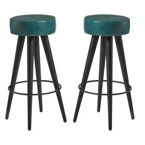 Medina Round Vintage Teal Faux Leather Bar Stools In Pair