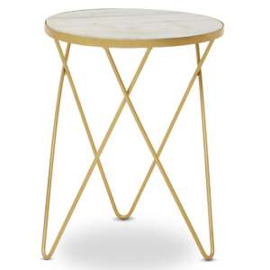 Mekbuda Round White Marble Top Side Table With Hairpin Legs