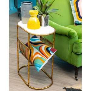 Mekbuda White Marble Top Side Table With Gold Magazine Rack