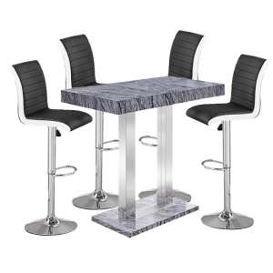 Melange Marble Effect Bar Table With 4 Ritz Black White Stools
