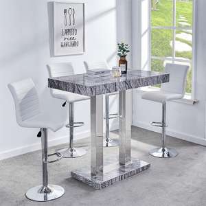 Melange Marble Effect Bar Table With 4 Ripple White Stools