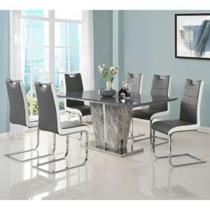 Melange Marble Effect Grey Glass Dining Set 6 Grey White Chairs