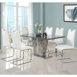 Melange Marble Effect Dining Table 6 Petra Grey White Chairs