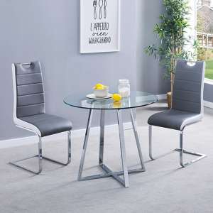 Melito Clear Round Dining Table With 2 Petra Grey White Chairs