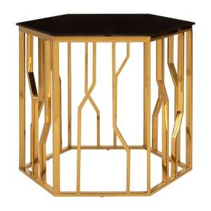 Alvara Glass Side Table Hexagonal In Black With Gold Frame