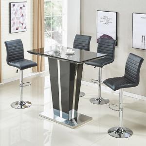 Memphis Glass Bar Table In High Gloss Black And 4 Ripple Stools