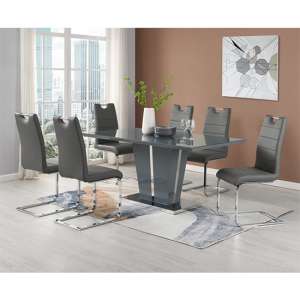 Memphis Grey Glass Large Dining Table With 6 Petra Grey Chairs