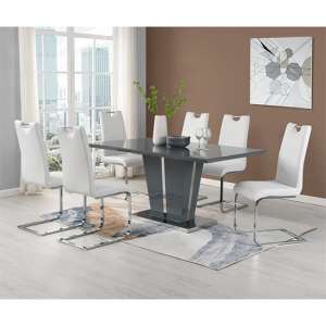 Memphis Grey Glass Large Dining Table With 6 Petra White Chairs