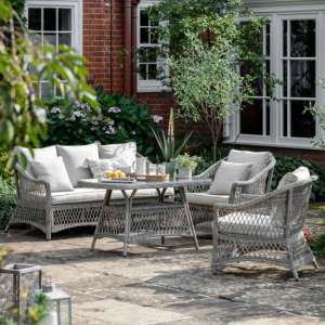 Minot Outdoor Poly Rattan Lounger Sofa With Tea Set In Stone