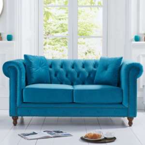 Mentor Chesterfield Plush Fabric 2 Seater Sofa In Teal